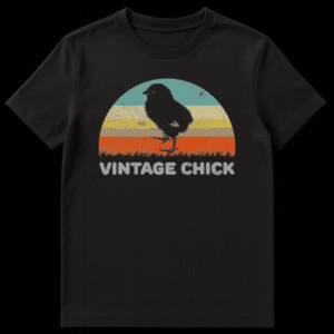 Black t-shirt featuring a silhouette of a baby chick against a distressed retro 1970s sunset with the text VINTAGE CHICK below it on Black t-shirt