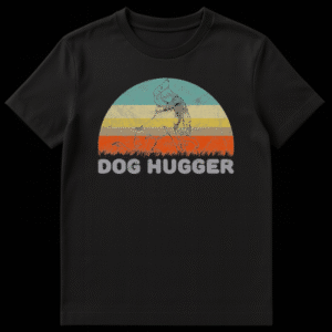 Vintage style graphic of a girl hugging a large dog against a retro striped sunset with text Dog Hugger on Black t-shirt