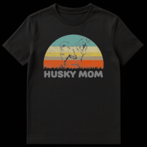 Vintage Distressed Husky Mom T-Shirt design featuring a stylized husky dog, retro sunset stripes in teal, yellow, brown, orange, and 'HUSKY MOM' text on a black background. on Black t-shirt