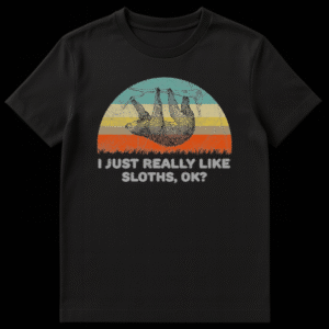 Vintage style t-shirt design with a hanging sloth sketch over a retro striped sunset and funny text about liking sloths on Black t-shirt