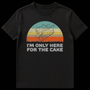 Retro sunset graphic t-shirt with a cake slice illustration and text reading I'm Only Here For The Cake on Black t-shirt