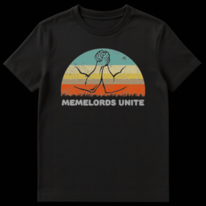 Two muscular arms clasping hands in an epic handshake gesture over a retro striped sunset background on Black t-shirt