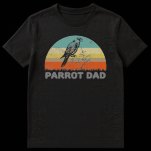 Retro Parrot Dad T-Shirt with vintage sunset, parrot illustration, and "PARROT DAD" text on a black background on Black t-shirt