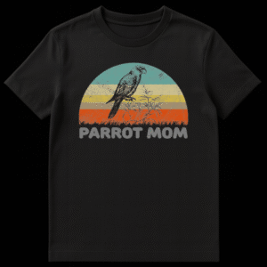 Black t-shirt featuring a sketched parrot on a branch in front of a distressed retro striped sunset with the text Parrot Mom below it on Black t-shirt
