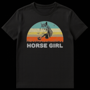 Vintage style t-shirt design featuring a black and white stippled horse head over a retro colored striped sunset with the text Horse Girl below on Black t-shirt