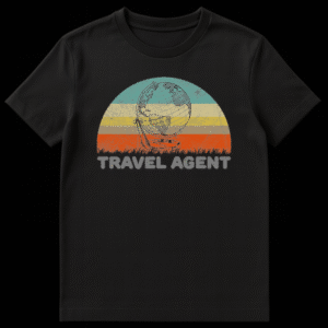 Retro sunset graphic with a globe on a stand and text reading Travel Agent in a distressed vintage style on Black t-shirt