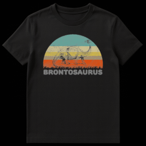 Vintage style Brontosaurus dinosaur illustration with retro colored sunset stripes and grunge texture on Black t-shirt