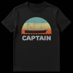 Retro vintage t-shirt design with a silhouette of a sailing ship against a striped sunset and the word CAPTAIN on Black t-shirt