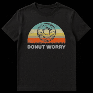 Distressed vintage style t-shirt design featuring a sketch of a donut in front of a retro striped sunset with the text Donut Worry below on Black t-shirt
