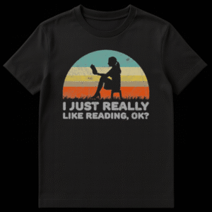 Vintage retro sunset t-shirt design with silhouette of girl reading a book and funny text on Black t-shirt