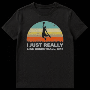 Vintage style basketball t-shirt design with a player silhouette dunking over a retro striped sunset and funny text. on Black t-shirt