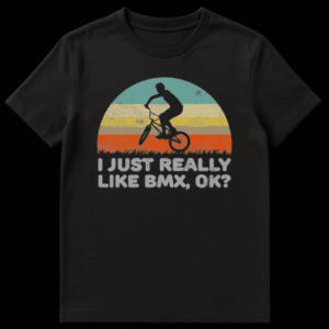 Graphic t-shirt featuring a BMX rider silhouette doing a trick with bold text on Black t-shirt