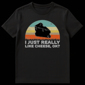 Humorous vintage graphic t-shirt with a black cheese wedge, distressed retro sunset background, and text 'I JUST REALLY LIKE CHEESE, OK?' on Black t-shirt