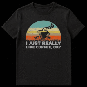 Retro distressed sunset graphic with a black coffee cup silhouette and funny text reading I Just Really Like Coffee OK on Black t-shirt