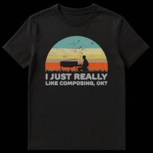 Retro sunset graphic with silhouette of a pianist playing a grand piano and musical notes floating in the air. on Black t-shirt