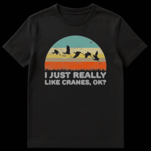 Vintage style t-shirt design featuring a retro sunset with silhouetted cranes flying over grass and the text I JUST REALLY LIKE CRANES, OK? on Black t-shirt