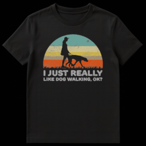 Vintage style silhouette of a person walking a dog against a retro striped sunset with funny text about liking dog walking on Black t-shirt