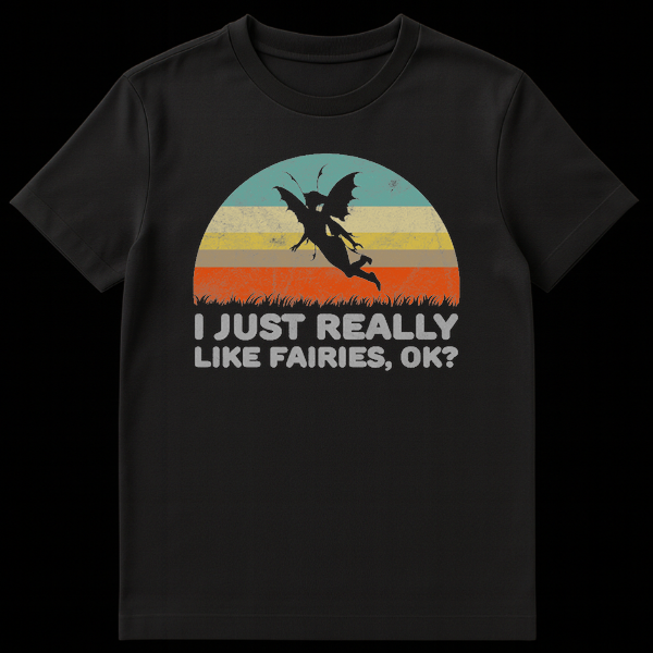 Vintage-style black t-shirt with a retro grunge graphic featuring a fairy silhouette against distressed teal, yellow, and orange stripes, with text 'I JUST REALLY LIKE FAIRIES, OK?' on Black t-shirt