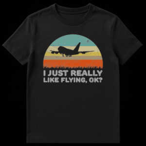 Black silhouette of a jumbo jet landing against a distressed retro sunset with teal, beige, and orange stripes and funny aviation text below. on Black t-shirt