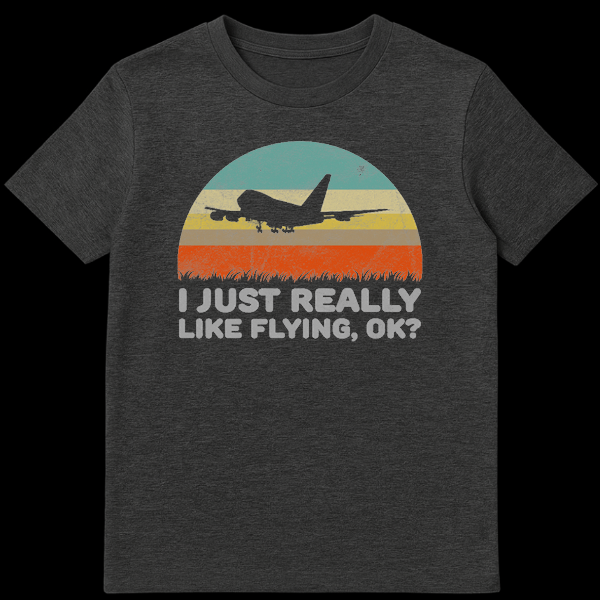 Black silhouette of a jumbo jet landing against a distressed retro sunset with teal, beige, and orange stripes and funny aviation text below. on Dark Heather t-shirt