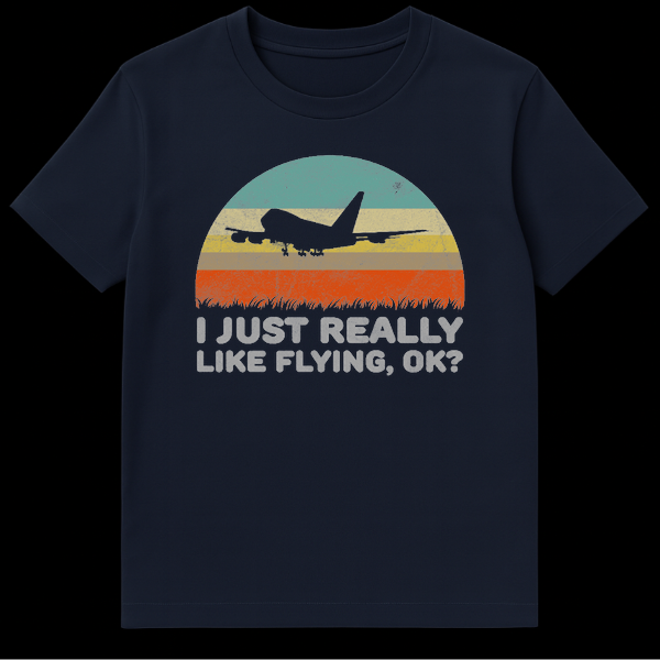 Black silhouette of a jumbo jet landing against a distressed retro sunset with teal, beige, and orange stripes and funny aviation text below. on Navy Blue t-shirt