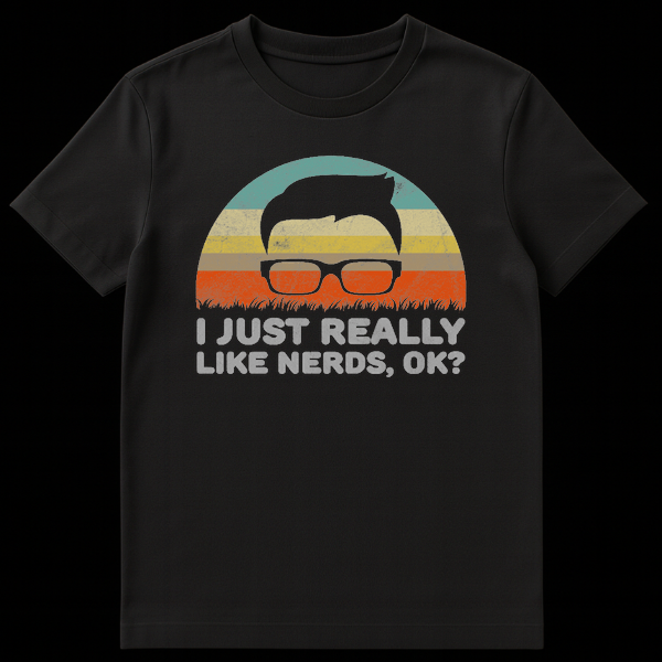 Black t-shirt featuring a retro sunset circle, a silhouette of a head with thick glasses, and distressed text reading I JUST REALLY LIKE NERDS, OK? on Black t-shirt