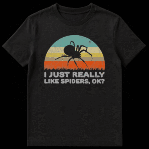 A black t-shirt featuring a retro sunset graphic with a large spider silhouette and text that reads I Just Really Like Spiders, Ok? on Black t-shirt