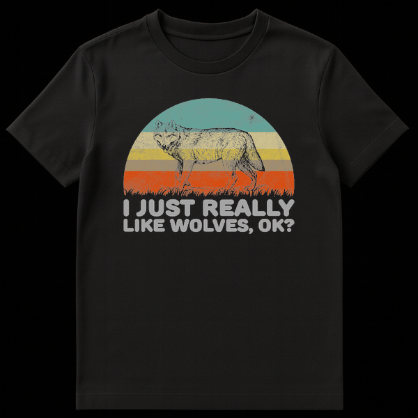 Vintage style t-shirt design with a realistic wolf sketch against a retro striped sunset background and funny text saying I Just Really Like Wolves Ok on Black t-shirt