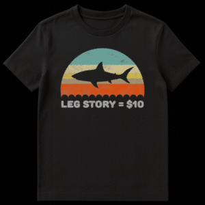 T-shirt with a black silhouette of a shark and text reading Leg Story $10 on Black t-shirt