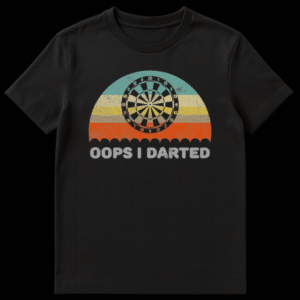 Retro style dartboard t-shirt design with sunset background and text Oops I Darted on Black t-shirt