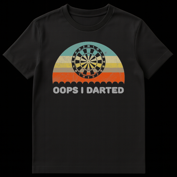 Retro style dartboard t-shirt design with sunset background and text Oops I Darted on Black t-shirt