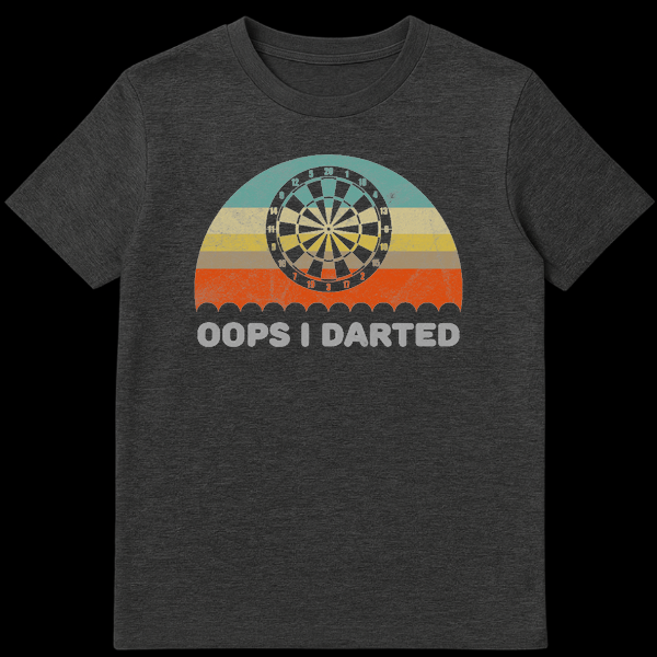Retro style dartboard t-shirt design with sunset background and text Oops I Darted on Dark Heather t-shirt