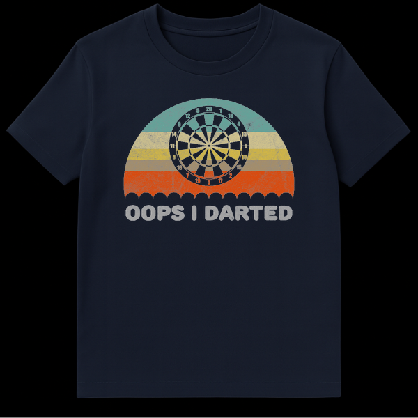 Retro style dartboard t-shirt design with sunset background and text Oops I Darted on Navy Blue t-shirt