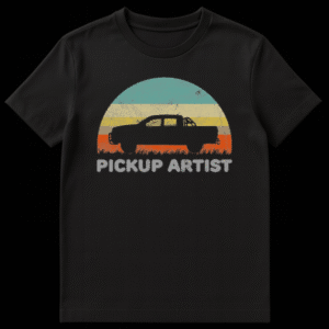 Retro style pickup truck silhouette with vintage sunset stripes and text reading Pickup Artist on Black t-shirt