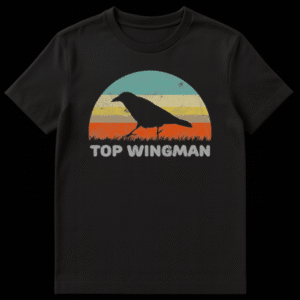 Silhouette of a crow walking against a retro striped sunset with the text Top Wingman in distressed font on Black t-shirt