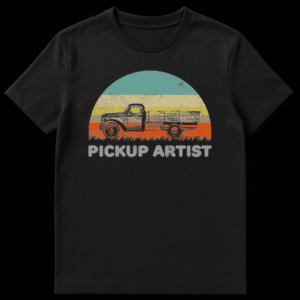 Vintage sketch of a 1950s pickup truck with retro sunset stripes and text reading Pickup Artist on Black t-shirt