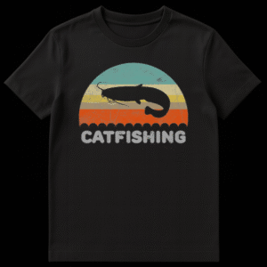 Distressed sans-serif 'CATFISHING' text design on a black t-shirt on Black t-shirt