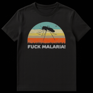 Anti-Malaria t-shirt design with a black mosquito silhouette, retro sunset stripes, and "FUCK MALARIA!" text. on Black t-shirt