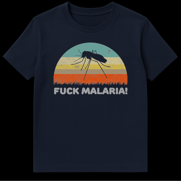 Anti-Malaria t-shirt design with a black mosquito silhouette, retro sunset stripes, and "FUCK MALARIA!" text. on Navy Blue t-shirt