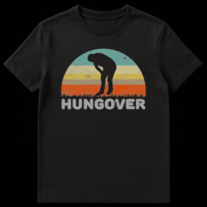 Black t-shirt with a vintage graphic of a multi-striped sun, a silhouetted person bent over in discomfort, and the distressed word HUNGOVER. on Black t-shirt