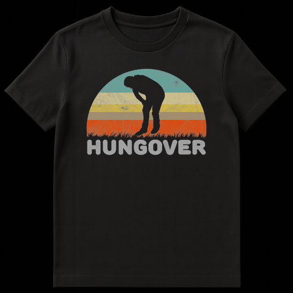 Black t-shirt with a vintage graphic of a multi-striped sun, a silhouetted person bent over in discomfort, and the distressed word HUNGOVER. on Black t-shirt