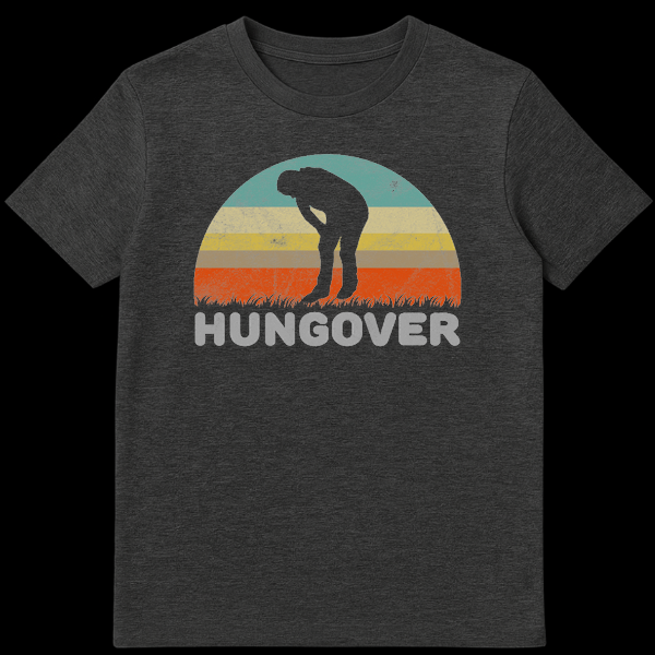 Black t-shirt with a vintage graphic of a multi-striped sun, a silhouetted person bent over in discomfort, and the distressed word HUNGOVER. on Dark Heather t-shirt
