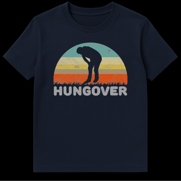 Black t-shirt with a vintage graphic of a multi-striped sun, a silhouetted person bent over in discomfort, and the distressed word HUNGOVER. on Navy Blue t-shirt