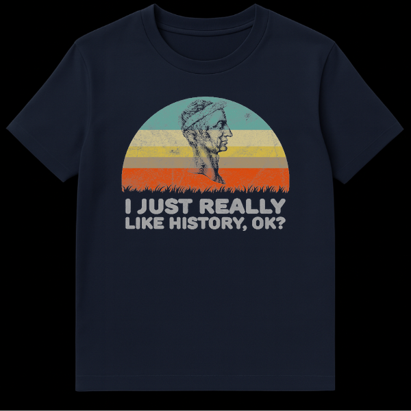 I JUST REALLY LIKE HISTORY OK? t-shirt with bold text for history enthusiasts on Navy Blue t-shirt
