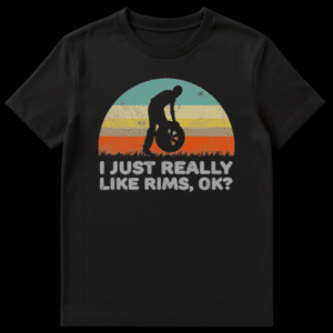I Just Really Like Rims OK text on a t-shirt, appealing to car enthusiasts and wheel lovers. on Black t-shirt