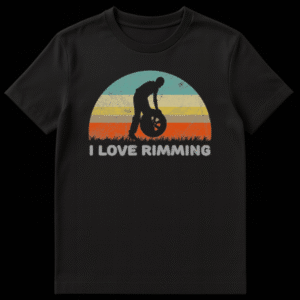 I LOVE RIMMING t-shirt featuring a silhouette of a person lifting a car rim with a retro sunset background, emphasizing car and adult humor on Black t-shirt