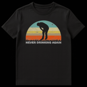 T-shirt with bold text "NEVER DRINKING AGAIN" humorously depicting post-party regret on Black t-shirt