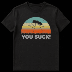 Mosquito silhouette t-shirt with 'YOU SUCK!' slogan against a retro sunset background for pest control humor on Black t-shirt