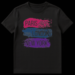 T-shirt design with horizontal brushstroke banners in magenta, blue, and purple, featuring 'PARIS', 'LONDON', and 'NEW YORK' text, accented with black tree and foliage silhouettes against a black background. on Black t-shirt