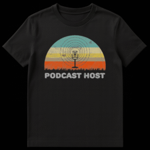 Vintage Podcast Host T-shirt with retro microphone graphic and striped sunset background on Black t-shirt